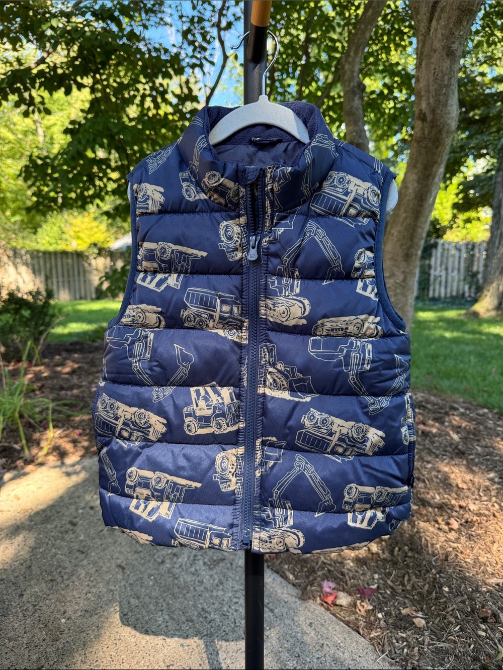 GAP Kids Navy Puffer Vest with Construction Truck Print